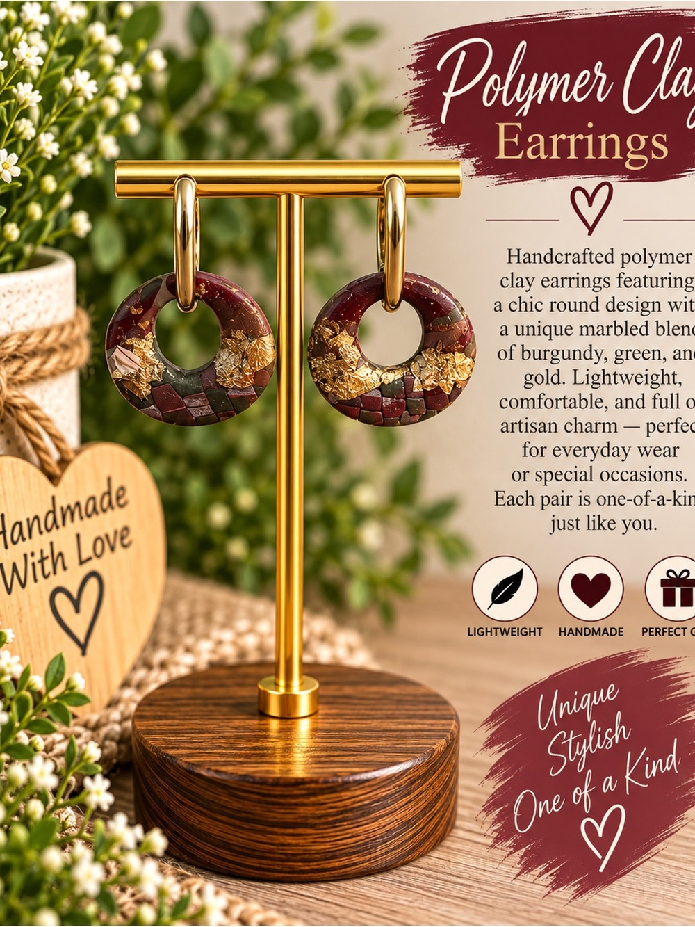 Others Follow Burgundy and Gold Marbled Hoop Earrings
